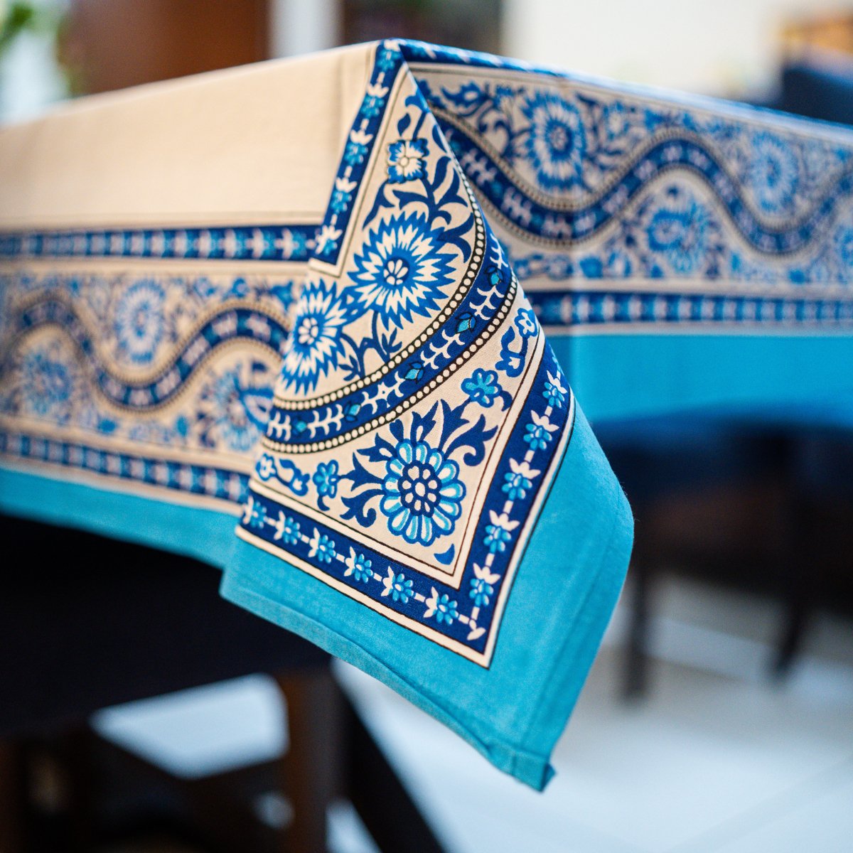 Sapphire 6 Seater Dining Table Cover, Block Print, 100% Cotton, 60" x 90" - Coral Slub -